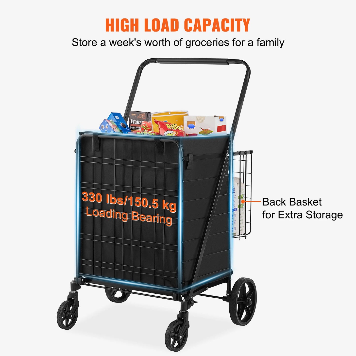 SucceBuy Folding Shopping Cart w/ Removable Waterproof Liner 330LBS Capacity Jumbo Grocery Cart Heavy Duty Utility for Shopping
