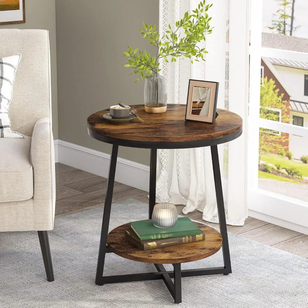 Round End Table Set of 2, 2 Tier Side Table with Storage Shelf