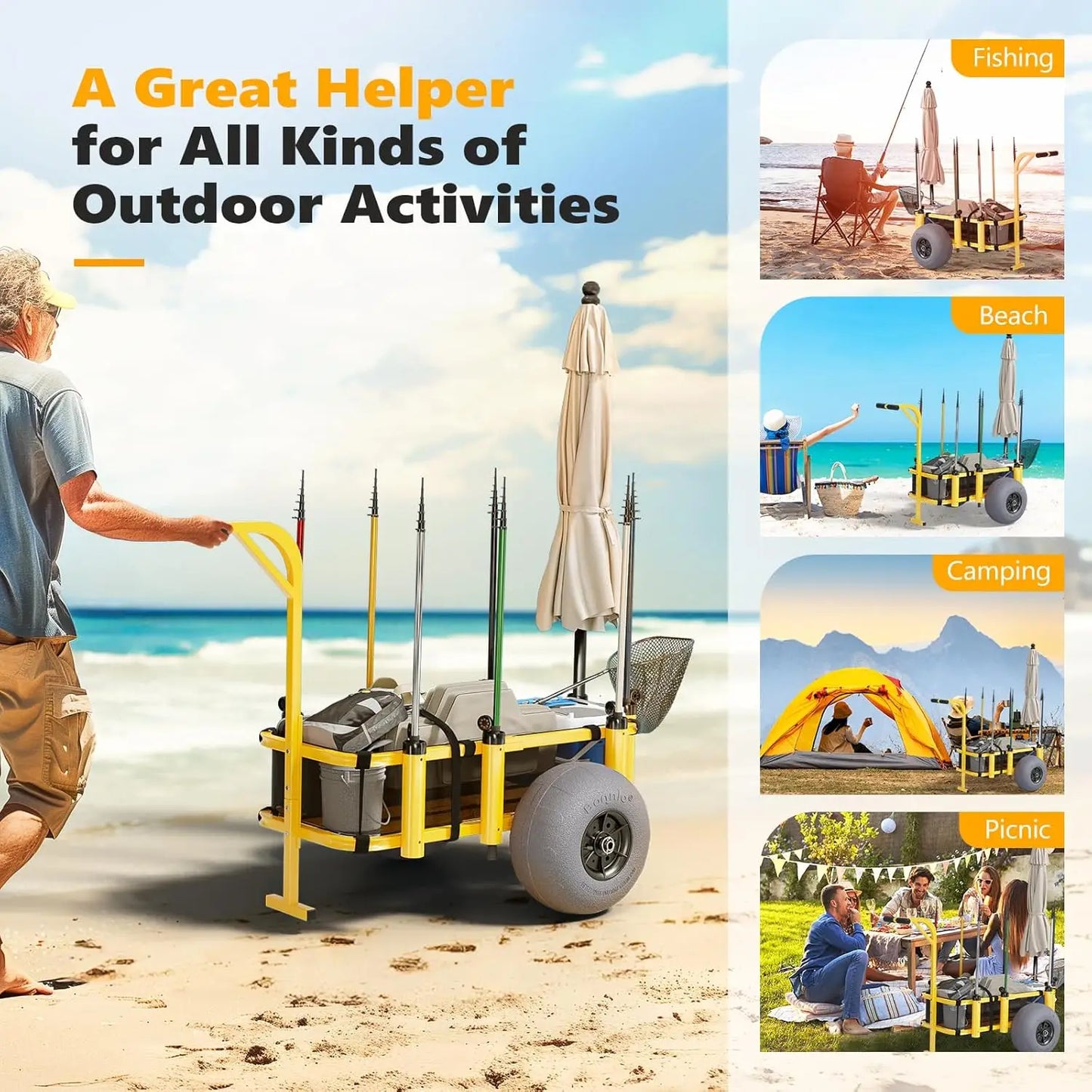 Fishing Cart, Beach Wagon with 13" Big Wheels for Sand, Beach Cart, 300 lbs Load Capacity, 8 Fishing Rods Holders, Mesh Bag