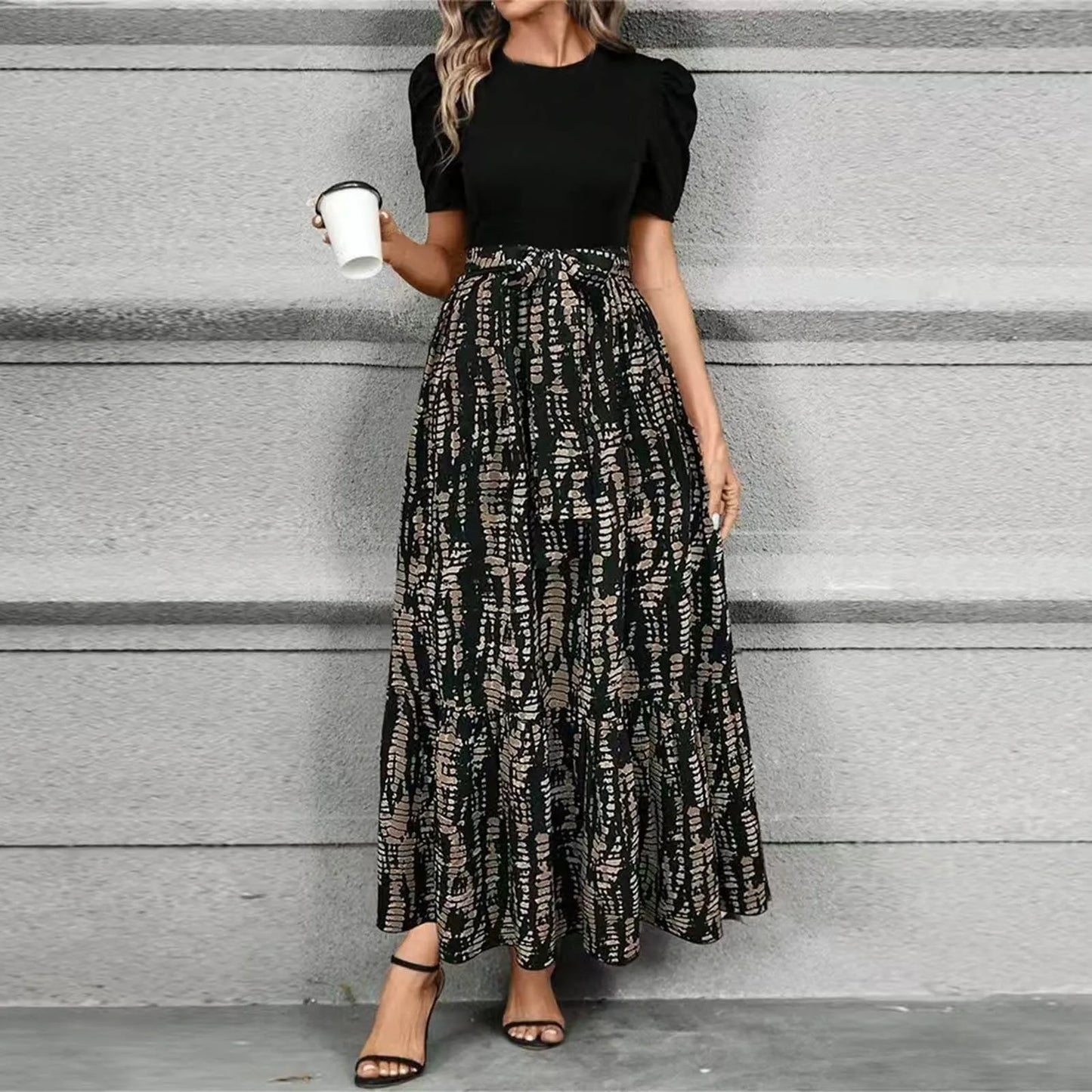 Round Neck Color Blocked Dress Women's Short Sleeved Floral Print A Line Dresses Autumn Elegant Party Dress Robe