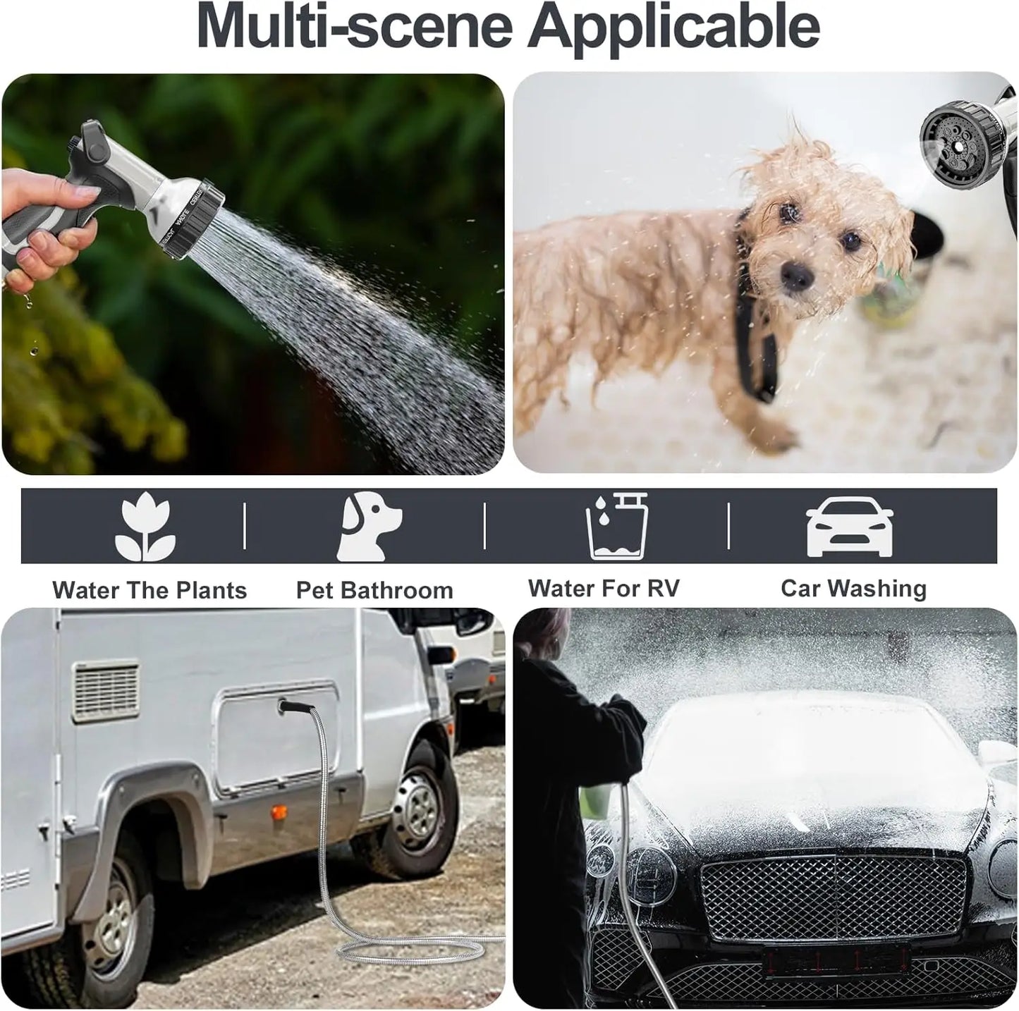 200ft 304 Stainless Steel Garden Hose Metal, Heavy Duty Water Pipe with Nozzles for Yard, Outdoor - Flexible, Never Kink Tangle