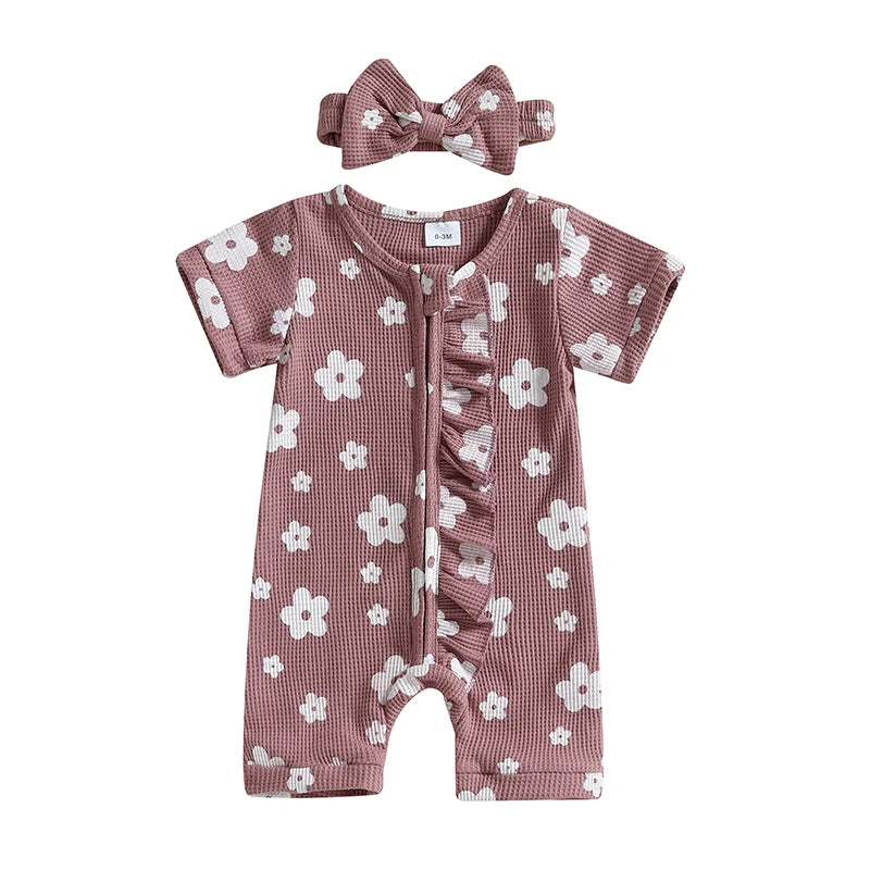 Adorable Infant Girls Floral Print Romper with Matching Headband Cute Ruffled Crew Neck Short Sleeve Outfit for Summer 2