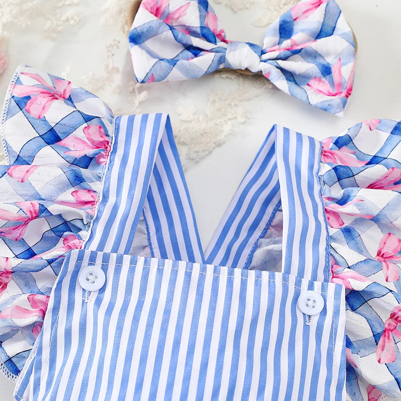 Adorable Toddler Girls American Flag Romper with Bow Detail and Matching Headband Set for Summer Outfits and Photoshoots