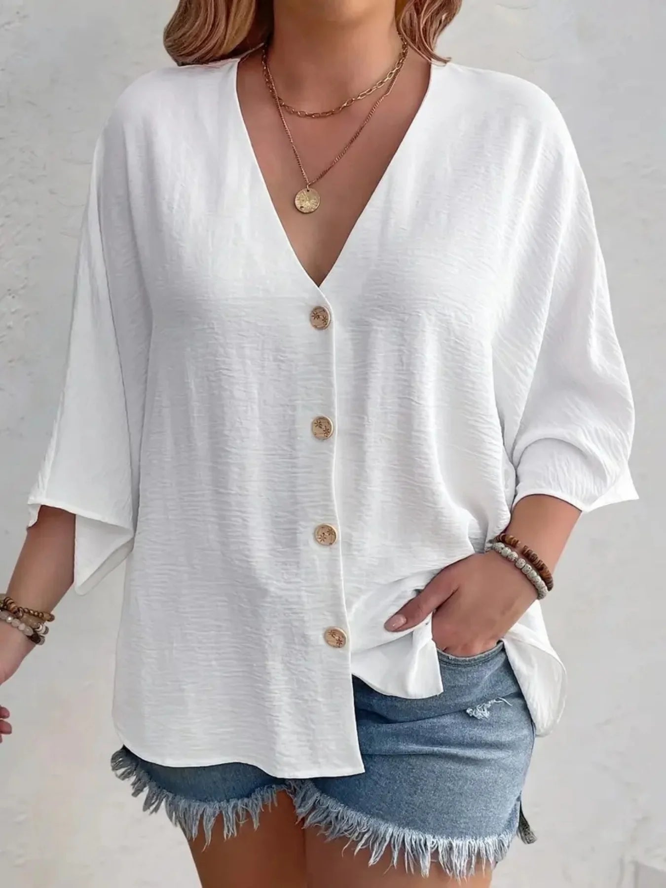 Plus Size Woman Casual T-shirt Solid Color Breathable Spring/summer V-neck Button Travel Wear American Style Female Clothing