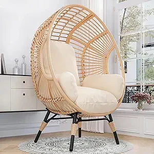 Oversized Wicker Egg Chair Outdoor Indoor Rattan Patio Egg Lounge Chairs with Cushion 500lbs Capacity for Living Room, Balcony,