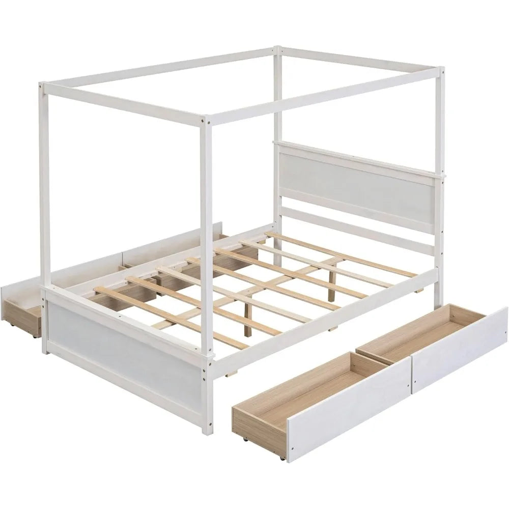 Full Canopy Bed with 4 Drawers, Four-Poster Platform Bed with Headboard and Wood Support Slats, Full Bed Frame Wood Poster Panel