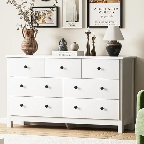 White Dresser for Bedroom, 7 Drawer Chest of Drawer with Metal Handle and Wide Drawer, Modern Wood Double Storage Organizer Dres
