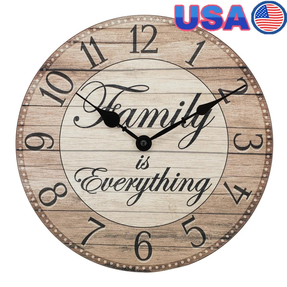 Farmhouse Style 11 Inch Analog Wall Clock Quartz Movement MDF Family Is Everything Inspirational Home Decor Rustic Charm