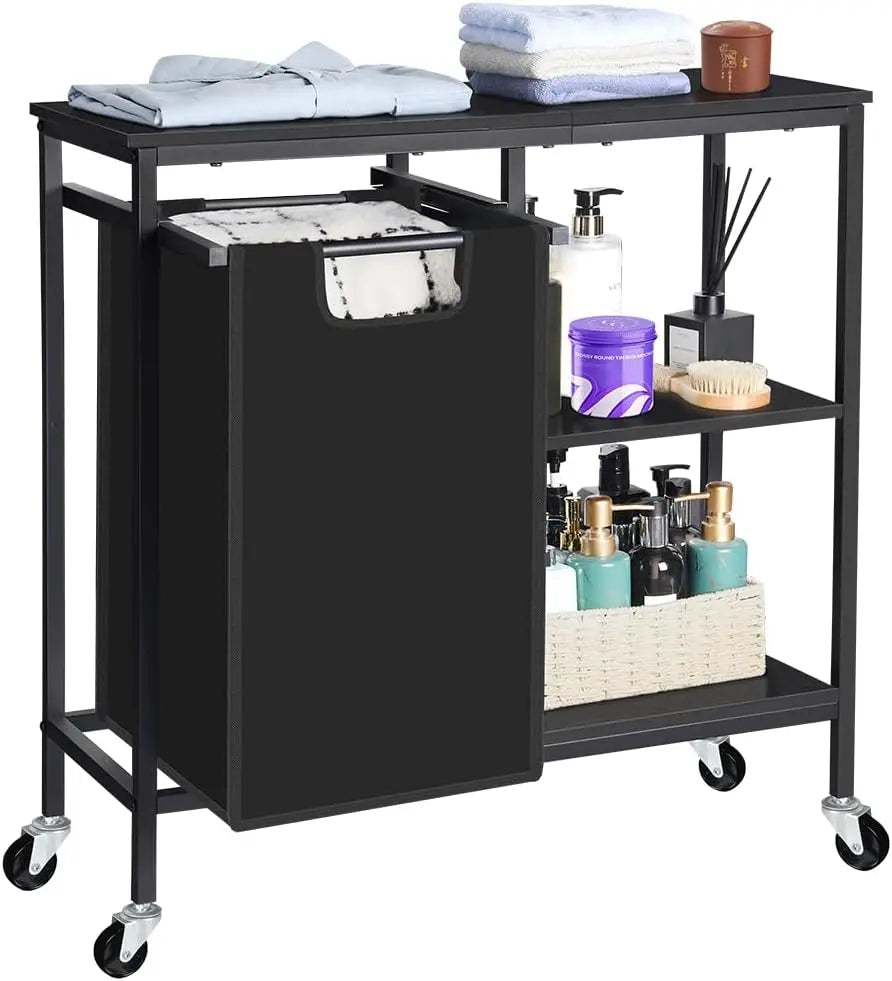Pull-Out Laundry Basket with Shelf and three Shelf,Laundry Basket Organizer Section with Removable Laundry Bags for clothes