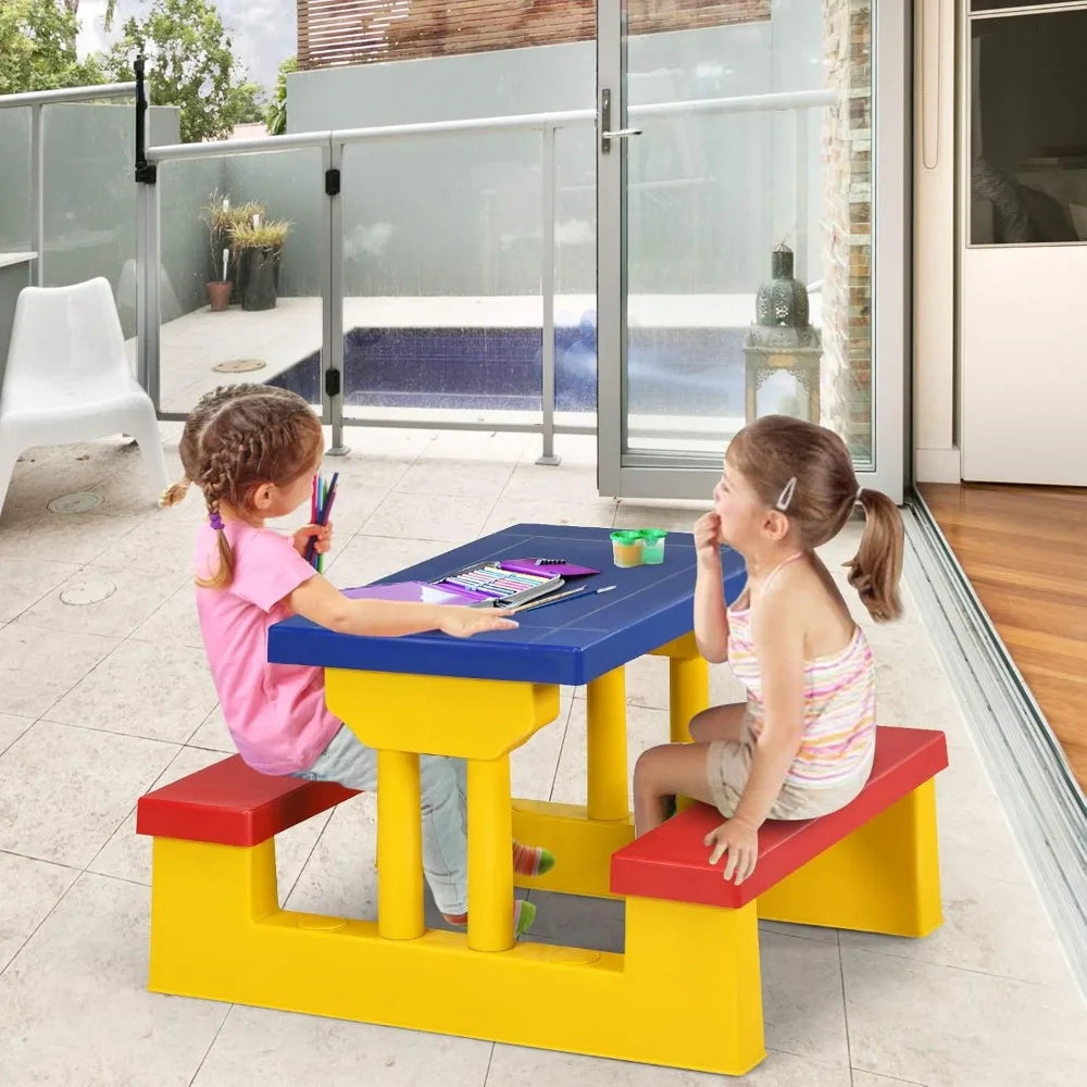 Kids Picnic Table, Toddler Plastic Outdoor Table & Bench Set with Umbrella, Children Patio Furniture Set for Backyard Garden