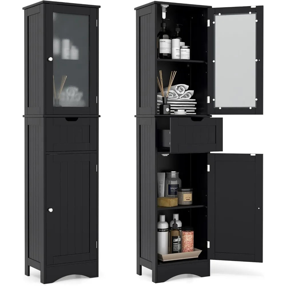 all Bathroom Storage Cabinet, Slim Freestanding Tower w/ 2 Doors & 1 Drawer, Narrow Floor Cabinet w/Adjustable