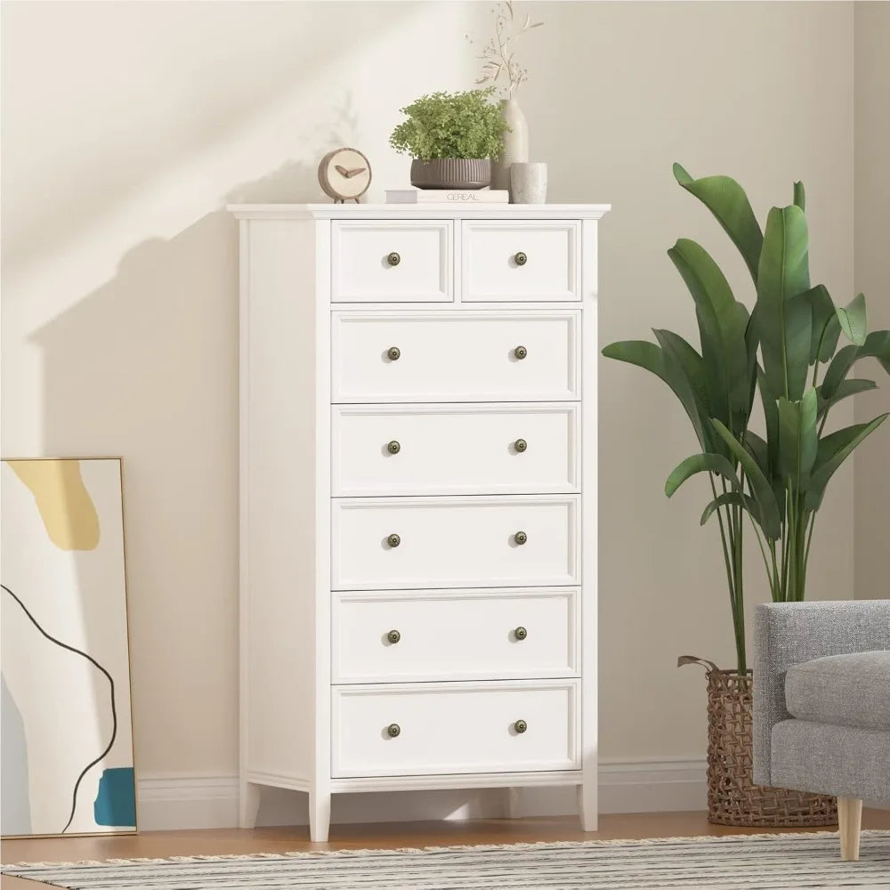 White 7 Drawer Tall Dresser, Tall Solid Wood Large Storage Cabinet, Modern Simple White Tall Chest of Drawer for Bedroom Living