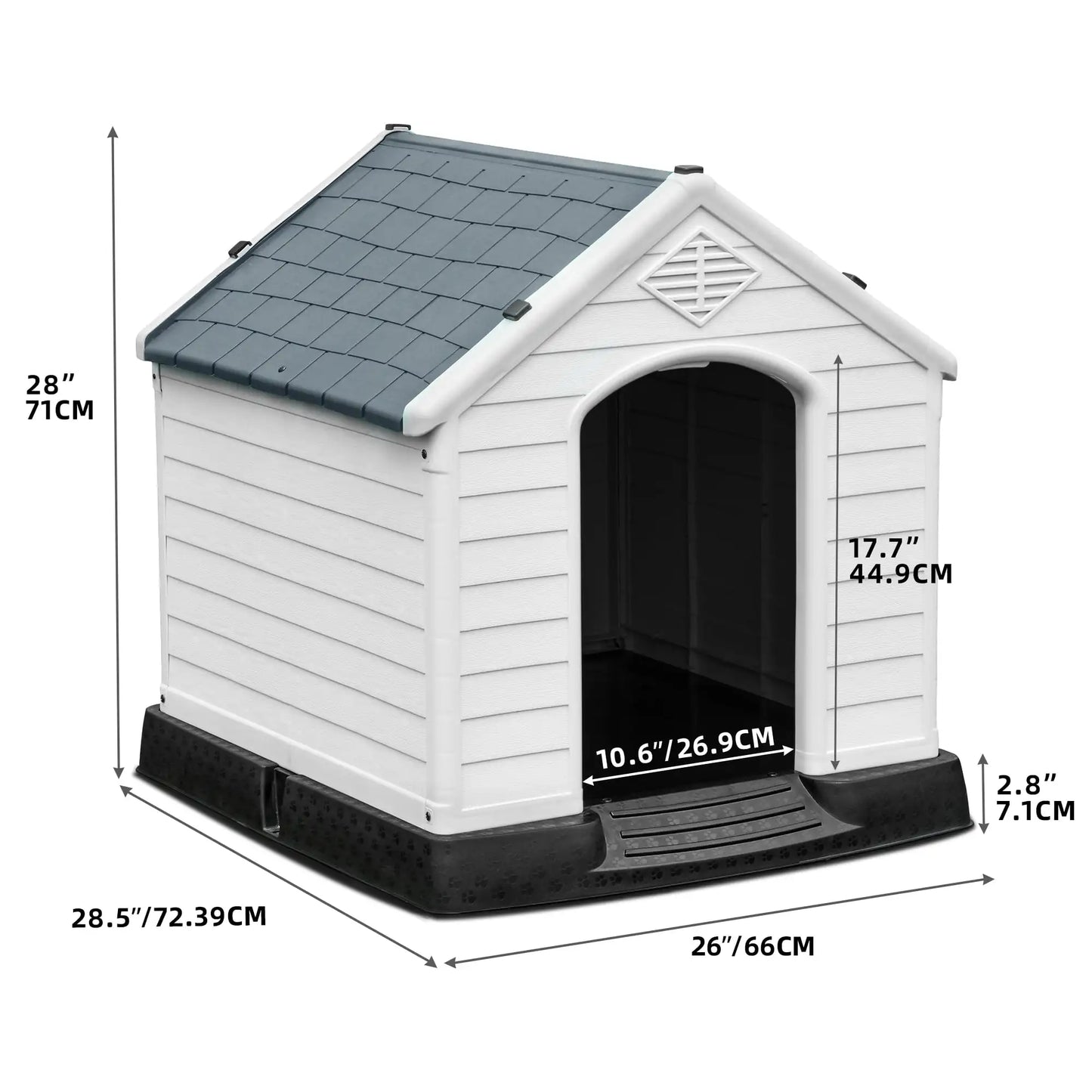 28" Plastic Dog House, Waterproof with Elevated Floor & Air Vents, Easy Clean & Assemble, Gray