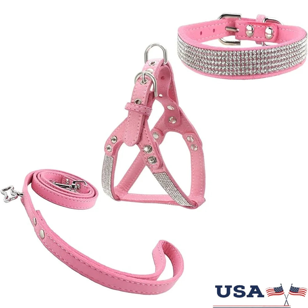 Comfortable Soft Dog Collar and Harness Set with Leash Stylish Diamante Design Small Pets Training Outdoor Activity