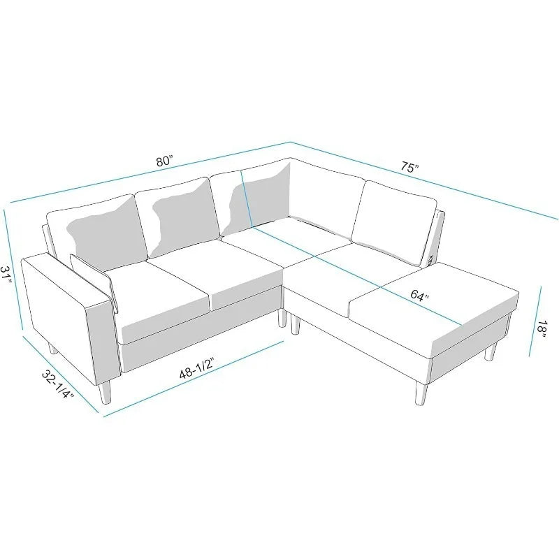 Convertible Sectional Sofa Couch, L-Shaped Corner Couch 4-Seat Sofa withBuilt-in USB Charging Port Chaise, Modern Linen F