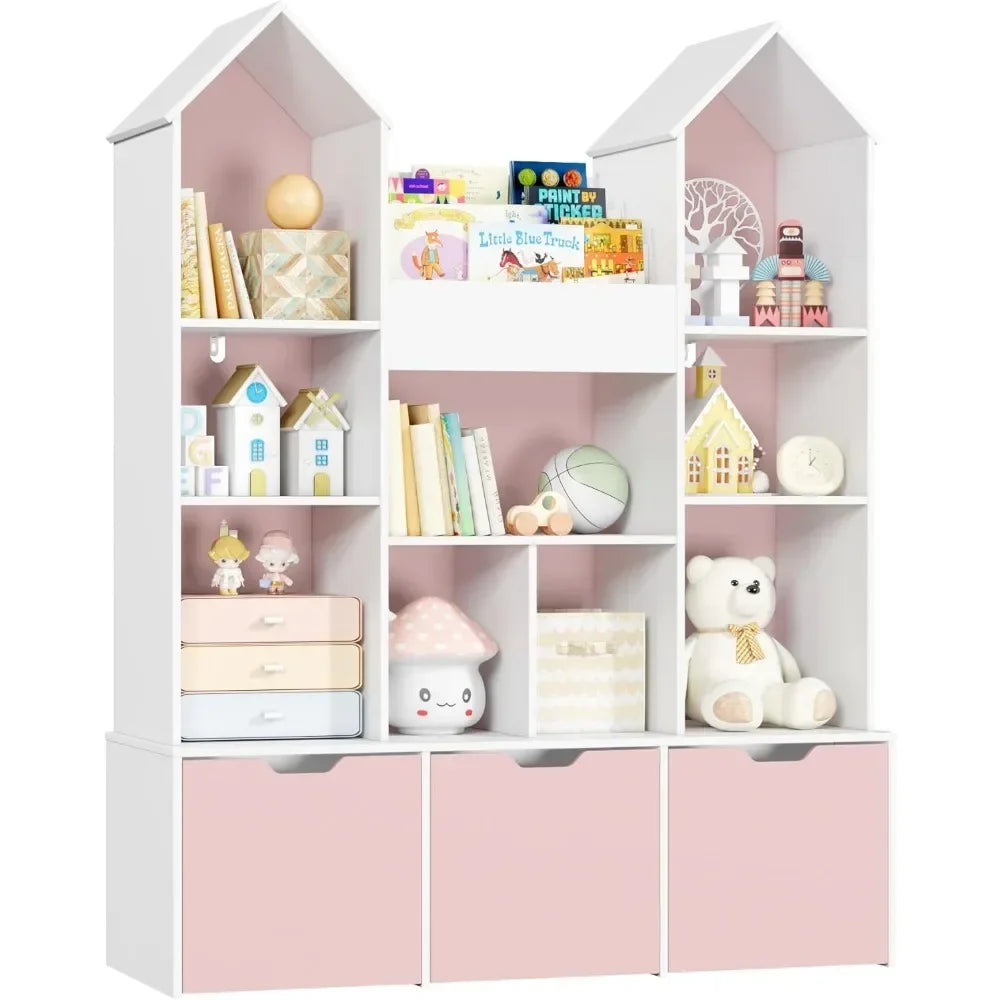 Toy Storage Organizer with Castle RoofLarge Kids Bookshelf Dollhouse with 3 Movable Drawers and 9 Storage Cubbies Toy Organizers