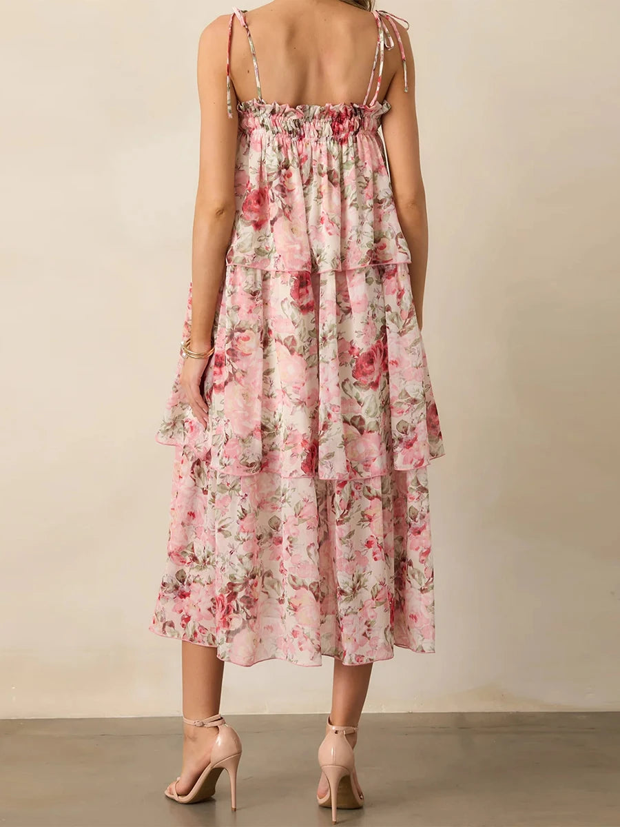 Women s Boho Floral Print Sleeveless Maxi Dress with V-Neckline and Tiered Ruffle Hem for Summer Beach Vacation
