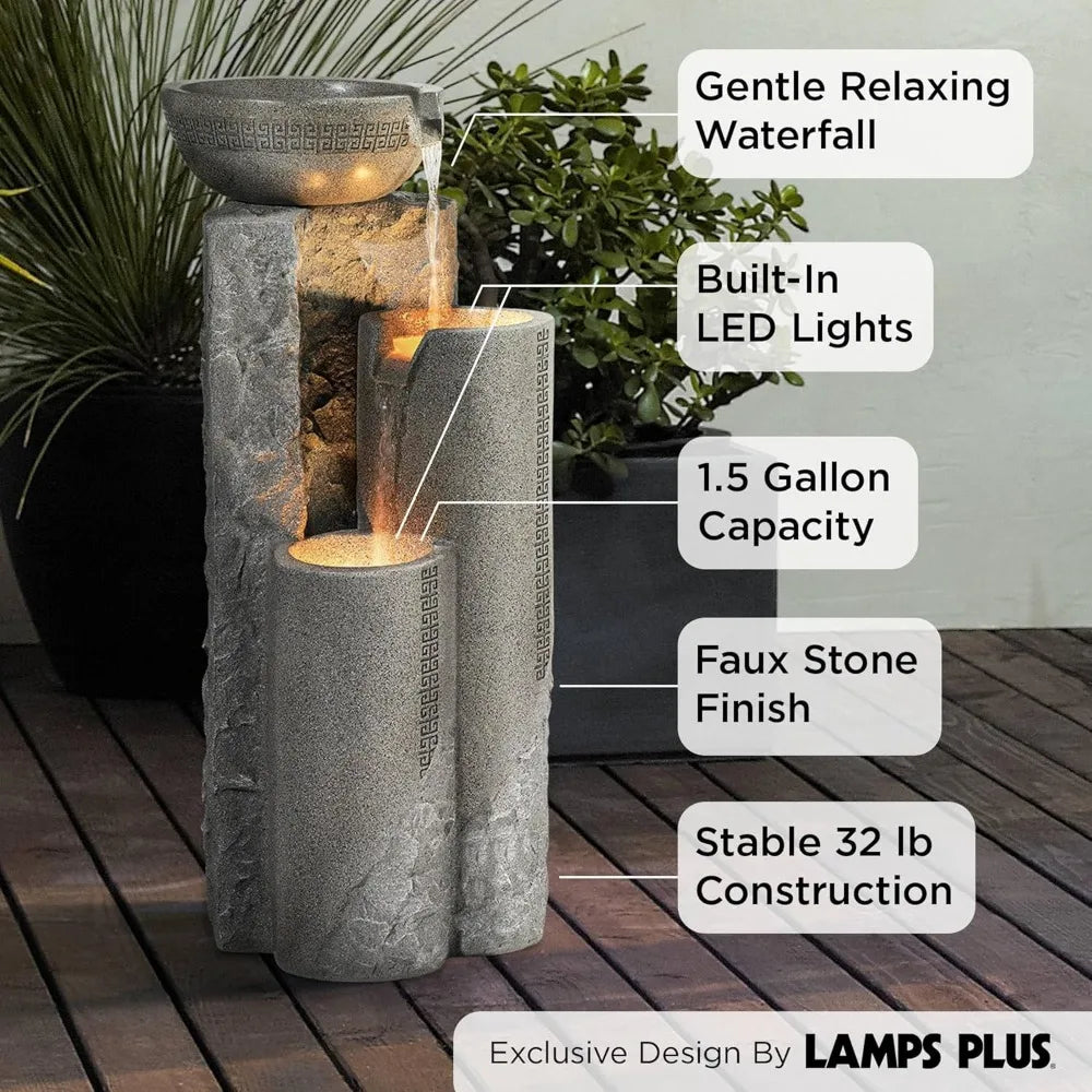 Bowl and Pillar Zen Modern Outdoor Floor Water Fountain 34 1/2" High with LED Light Cascading for Garden Patio Backyard Deck Hom