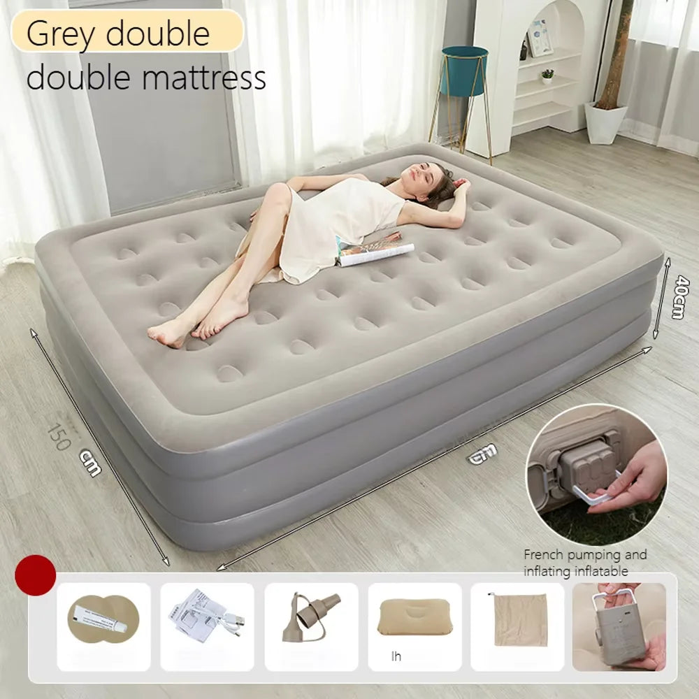 2 Persons Inflatable Mattress Camping Folding Home Indoor Outdoor Air Cushion 48cm High Bed Lazy Laying Soft Skin-friendly