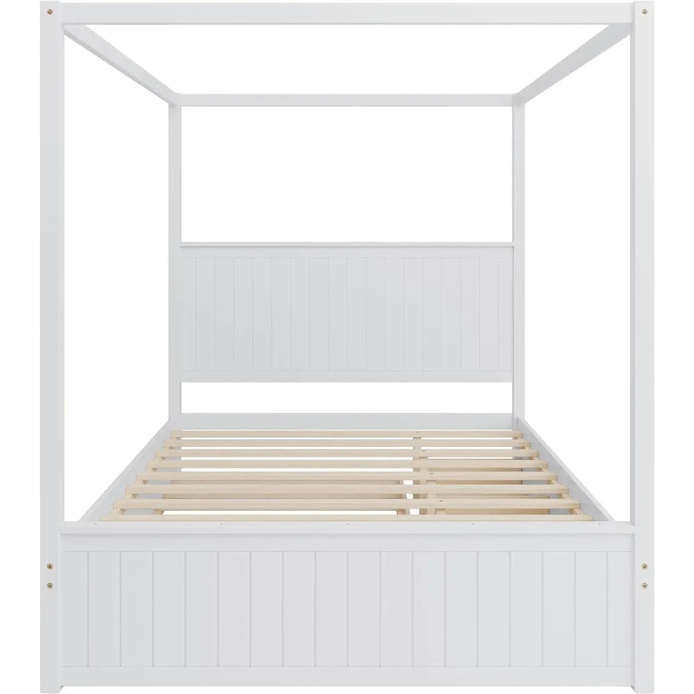 SOFTSEA Queen Size Canopy Platform Bed with Storage Drawers & Trundle, Solid Wood 4-Post Platform Bed Frame with Wood Headboard