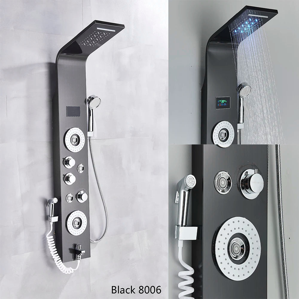 ALENARTWATER Bathroom Shower Panel LED Waterfall Shower Water Top Spray Temperature Display Faucet Back Massage with Water Tap