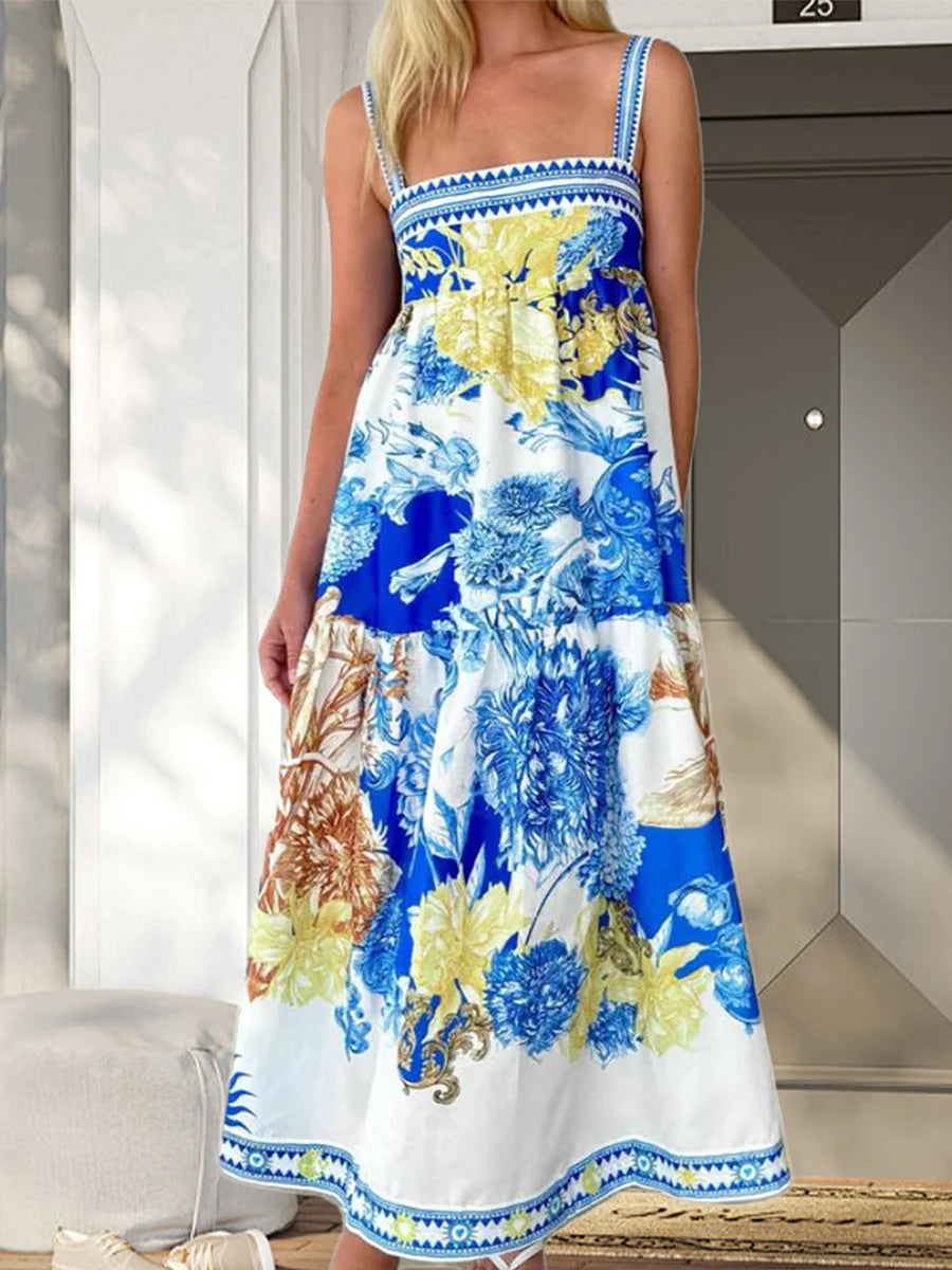 Women s Boho Maxi Dress Floral Print Sleeveless V-Neck Backless Tie-Dye Beach Dress Summer Casual Long Dress Fashion