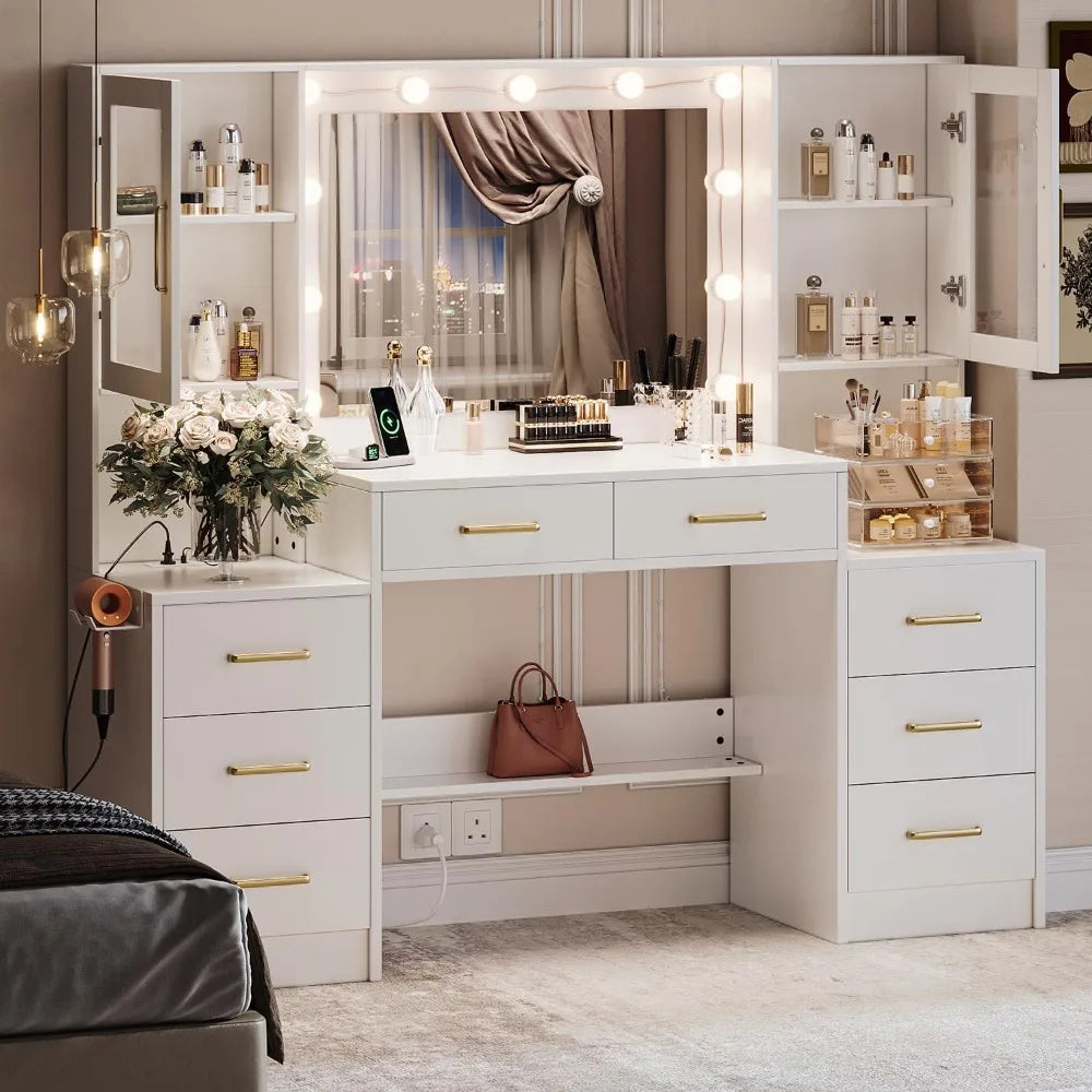 58.3" Makeup Vanity Desk with Charging Station, Dressing Table with Mirror & Lights, 3 Lighting Modes Adjustable Brightness,
