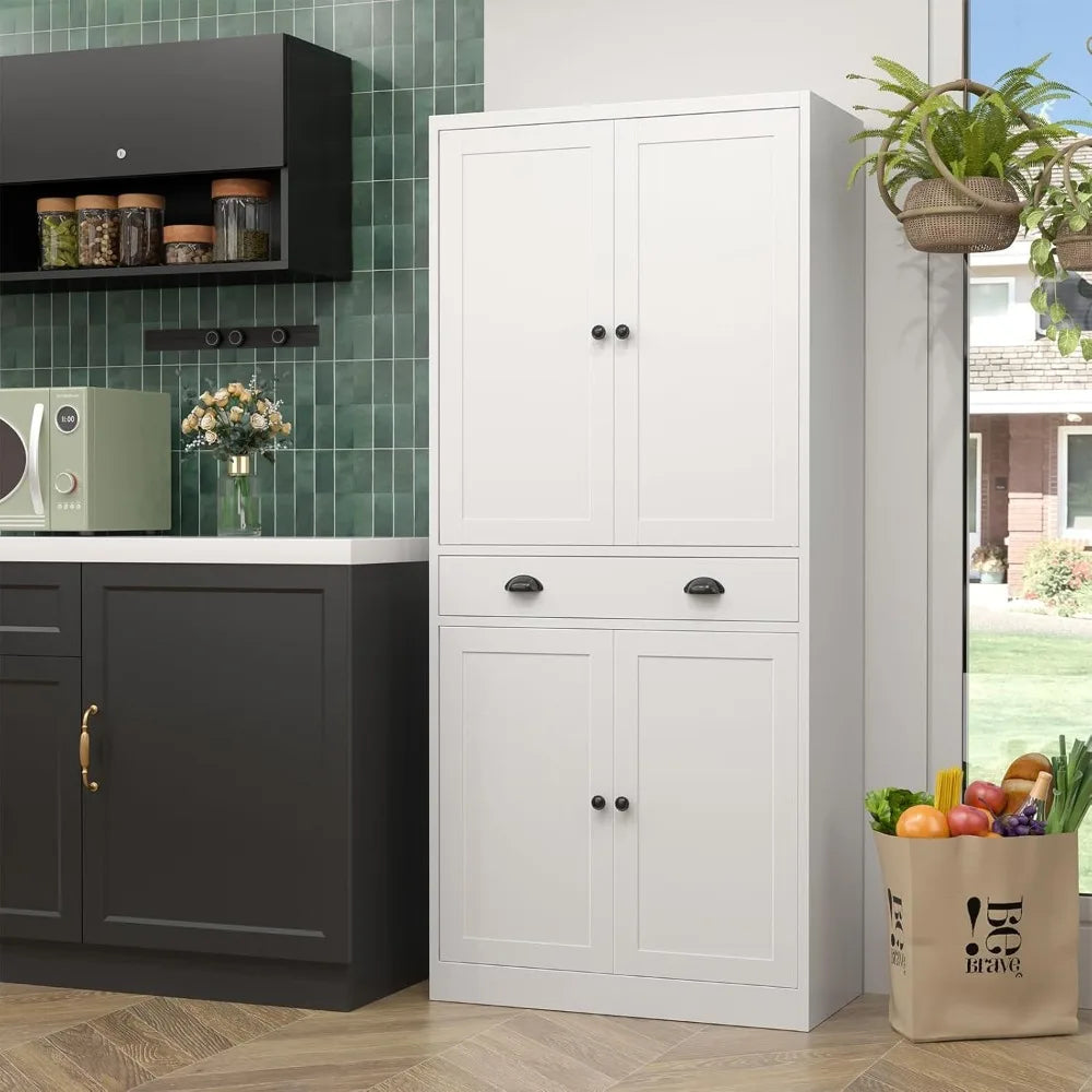 71” Food Pantry Storage Cabinet with Drawer,White Metal Kitchen Cupboard Cabinet with Doors and Adjustable Shelves