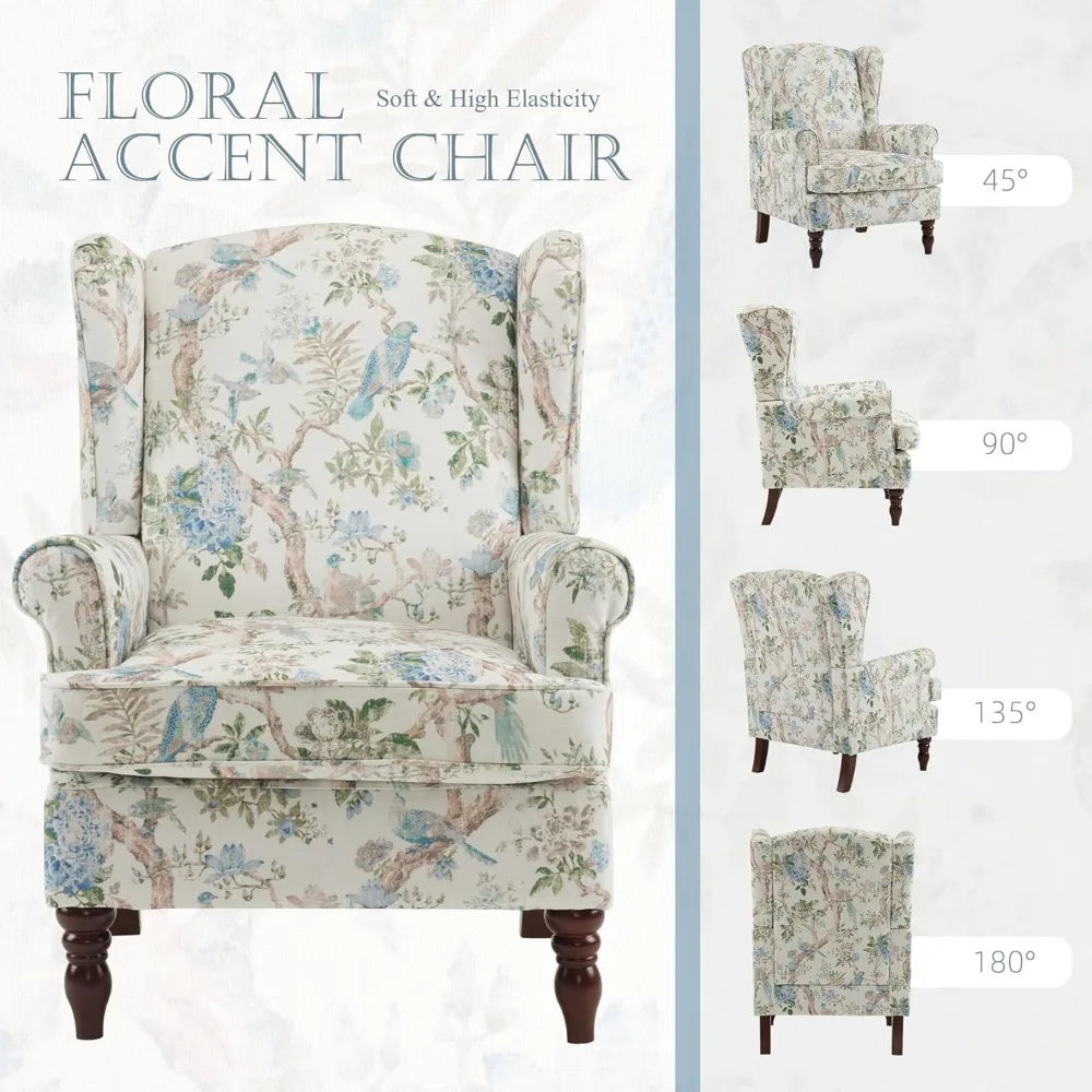 Floral Accent Chair, High Back Upholstered Armchair with Solid Legs, Leisure Single Sofa Chair for Living Room, Bedroom, Home O