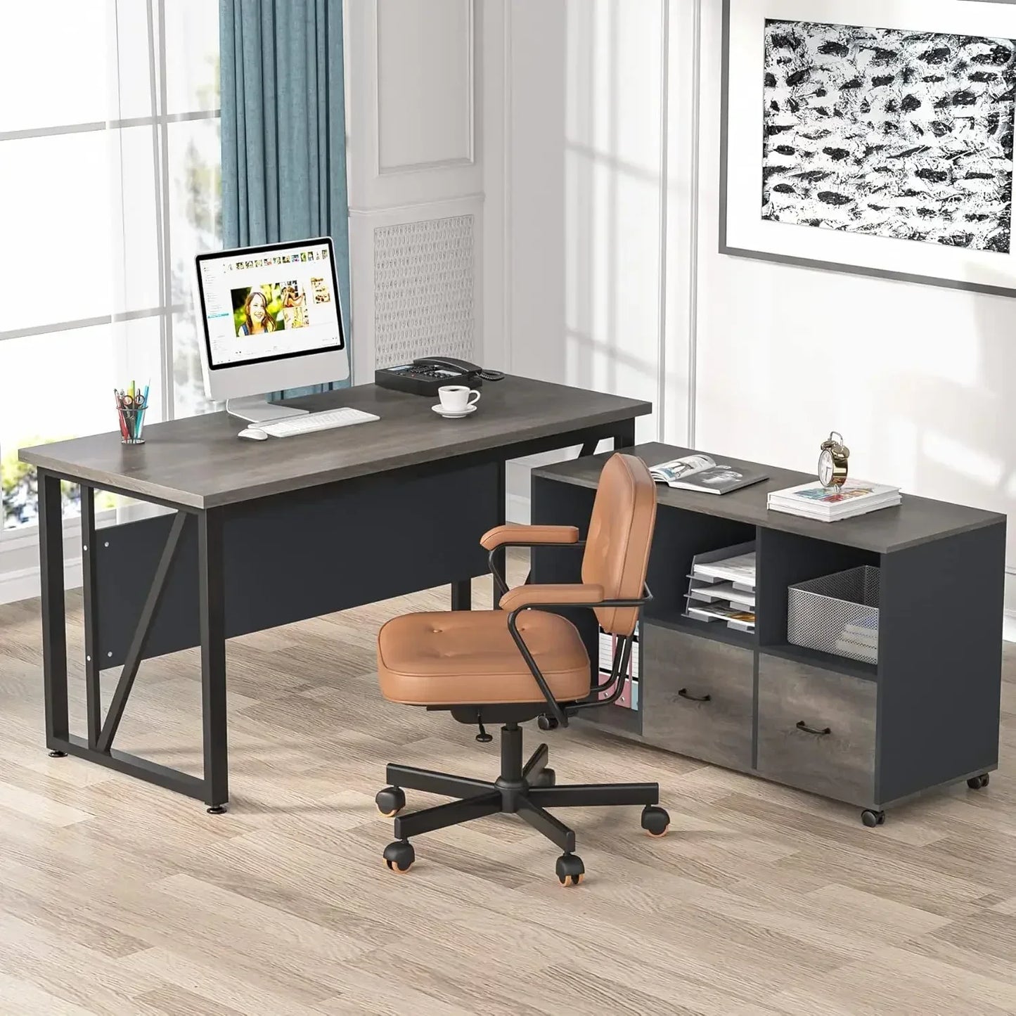 55 inches Executive Desk and 43" lateral File Cabinet, L-Shaped Computer Desk with Drawers Storage Shelves Office Table(Walnut)