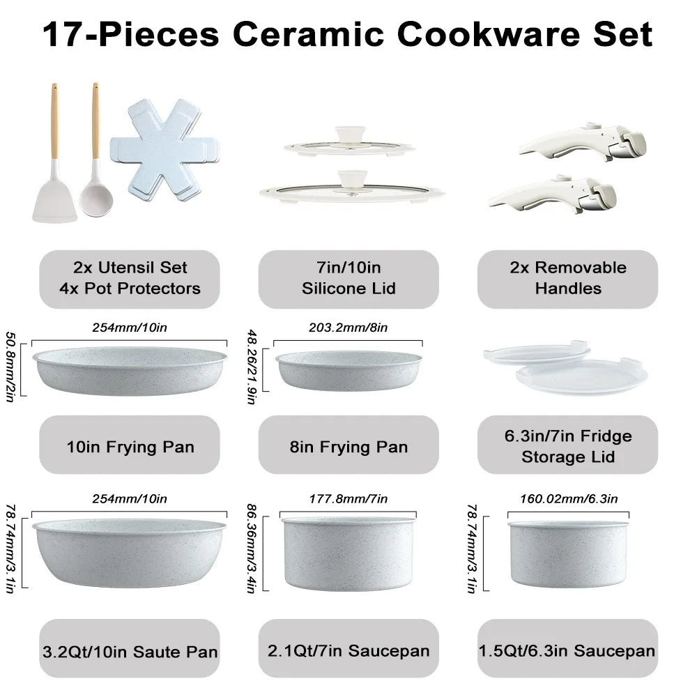 17-Pieces Ceramic Cookware Set,Non Stick Pots and Pans Cooking Set with Detachable Handle and Glass Lid, Dishwasher & Oven Safe