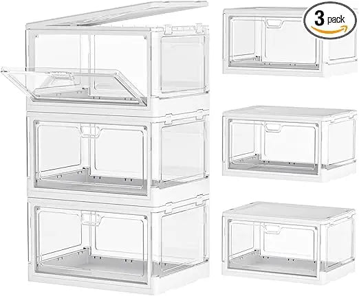 Clear Storage Bin with Lid 3 Pack Stackable & Sturdy Plastic Multifunctional Folding Storage Bins for Bedroom, Living Room, Stud