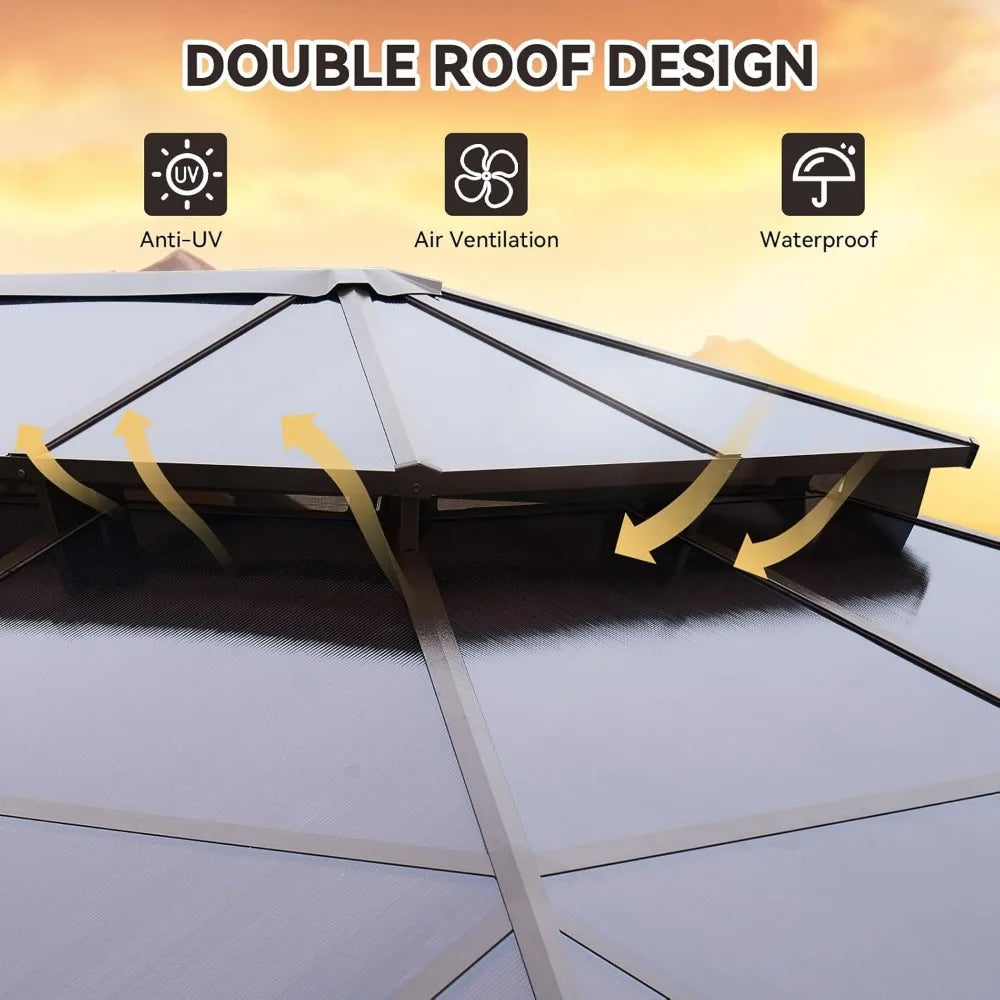 12'x16' Hardtop Gazebo, Aluminum Frame Permanent Pavilion with Netting and Curtains, Outdoor Polycarbonate Double Roof
