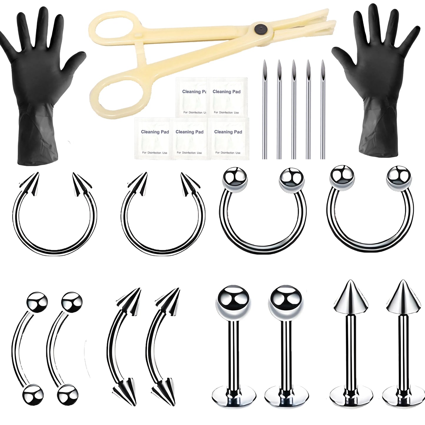 16/100Pcs Sterile Ear Piercing Kit, Body Piercing Cartilage Tragus Helix Piercing Lip Ring Piercer Tool Machine Set