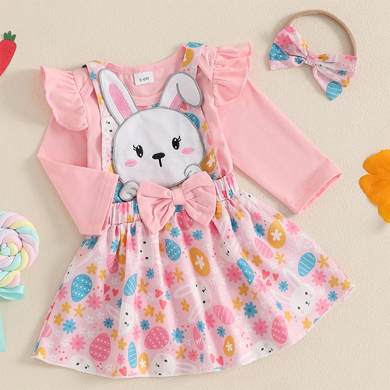 Adorable Baby Girl Easter Outfit Set with Floral Print Romper Ruffle Skirt and Matching Headband - 3 Piece Ensemble