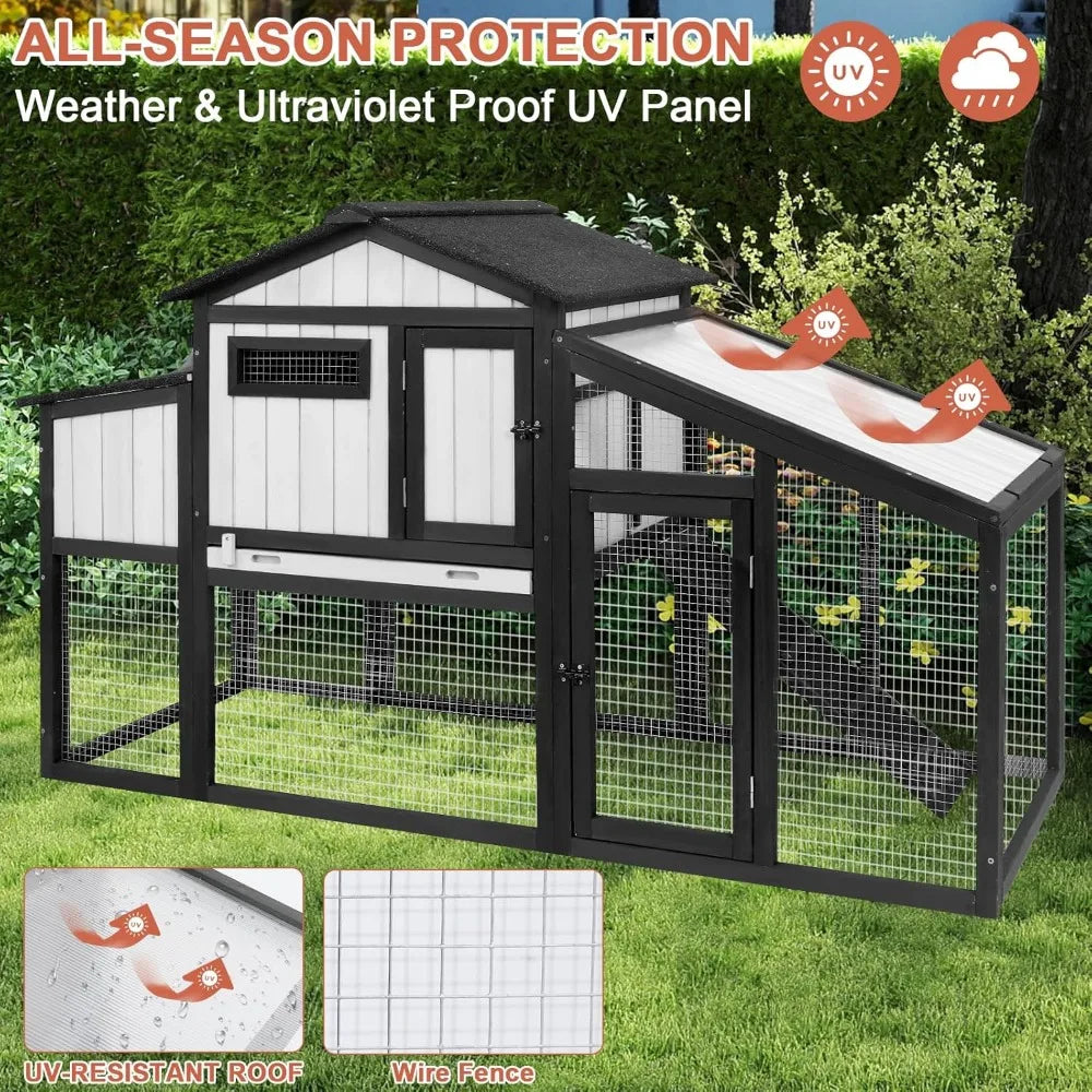 65.3" L Chicken Coop and Run, Wooden Hen House for 1-2 Chickens with Nesting Box, Tray, Perches Indoor/Outdoor Pet Hutch Backyar