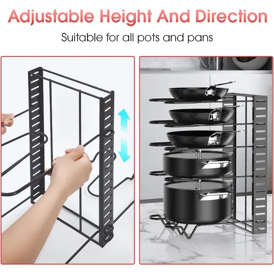 Pot Rack Organizers 8 Tiers Pots and Pans Organizer for Kitchen Organization Storage Adjustable Pot Lid Holders Pan Rack Lid Or
