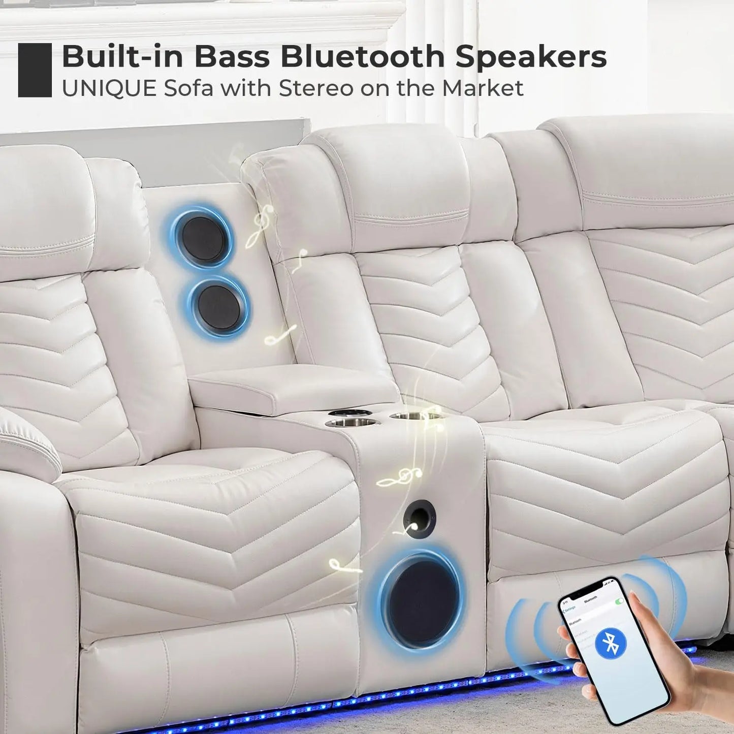 Electric Power Recliner Sectional Sofa With Bass Speakers & LED Lights – Faux Leather L-Shaped Corner Couches For Living Room