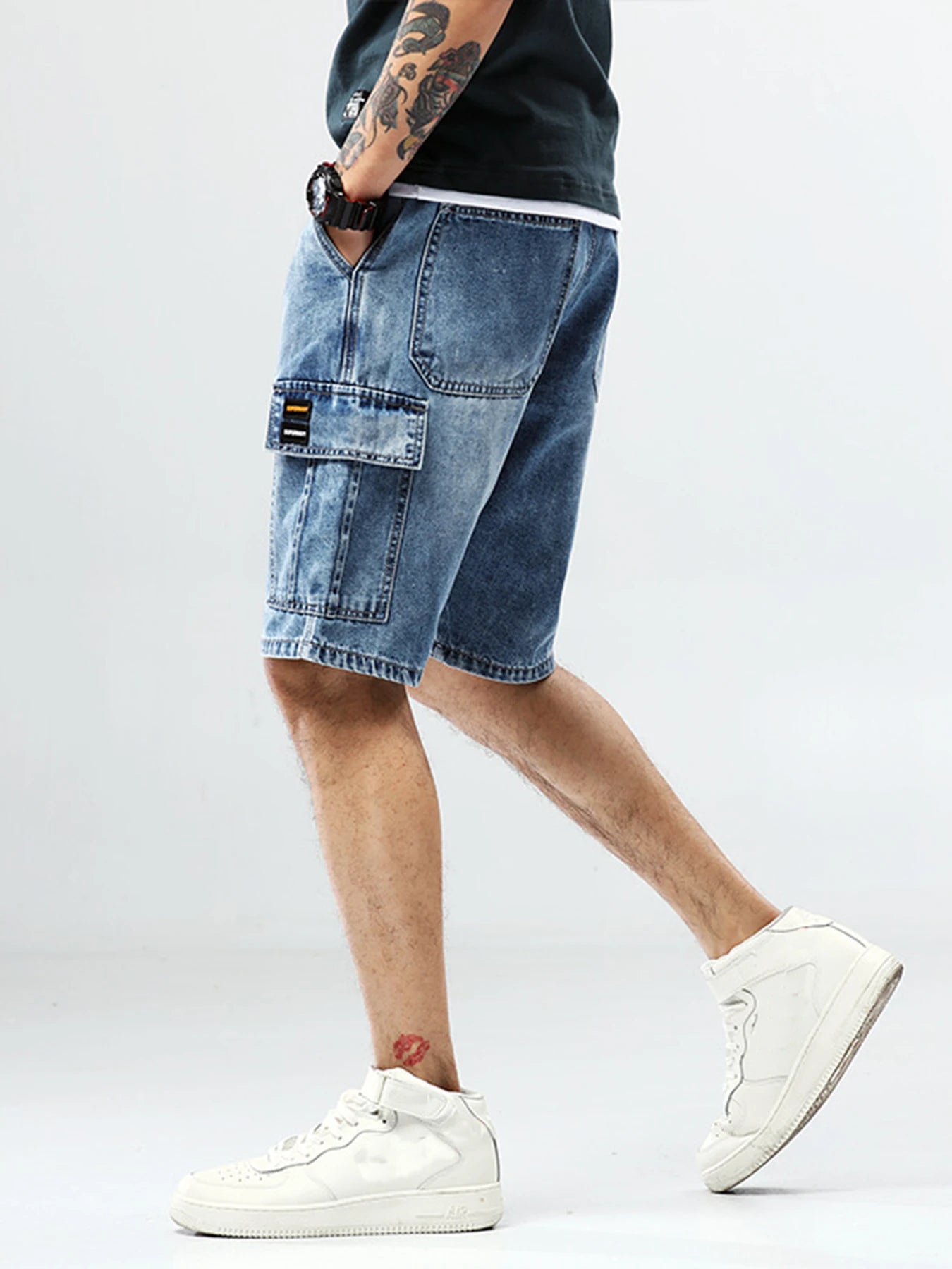 Men`s Street vacation shopping Hip Hop Dating Denim School Cargo Shorts Jeans with Multi Pockets