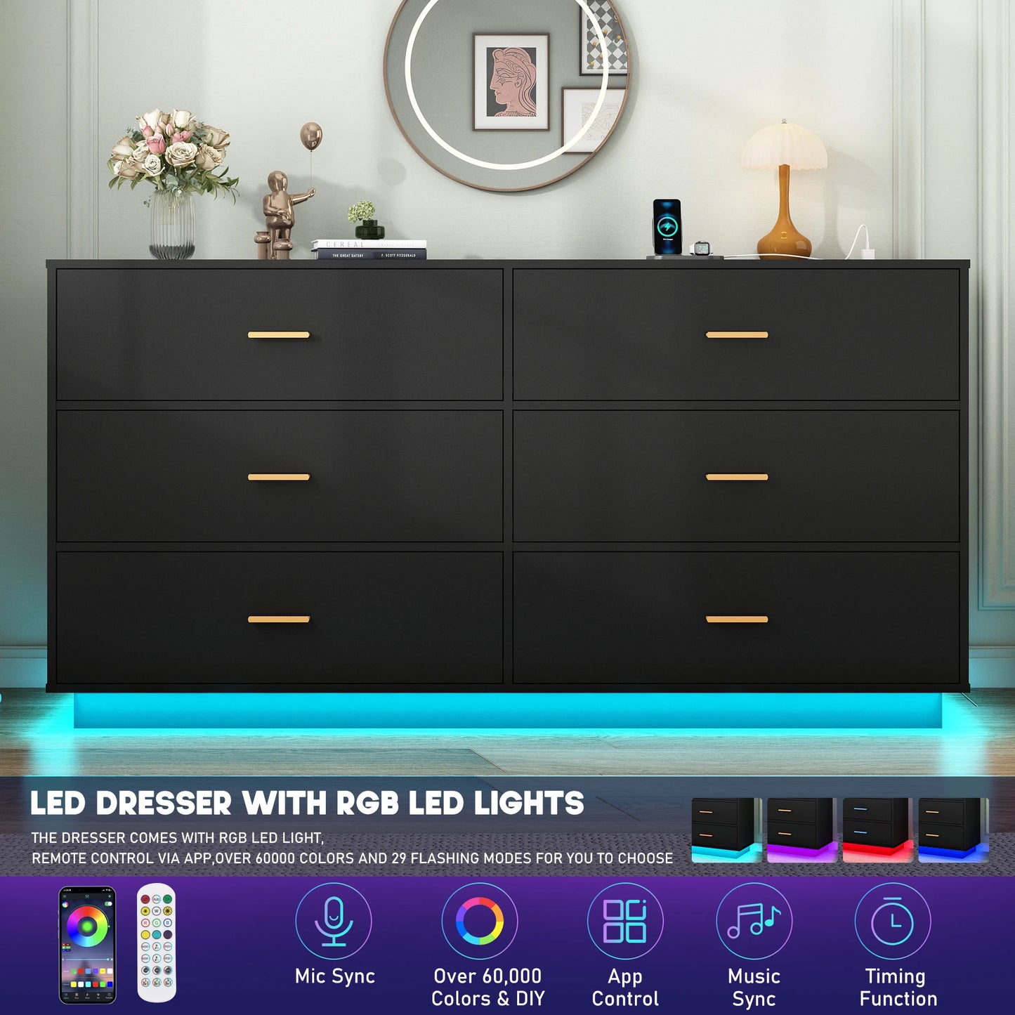 6 Drawers Dresser w/Power Outlet, 59" Long Wooden Dresser Chest, 60000-Colors Lights for Bedroom, Metal Handles of Drawers