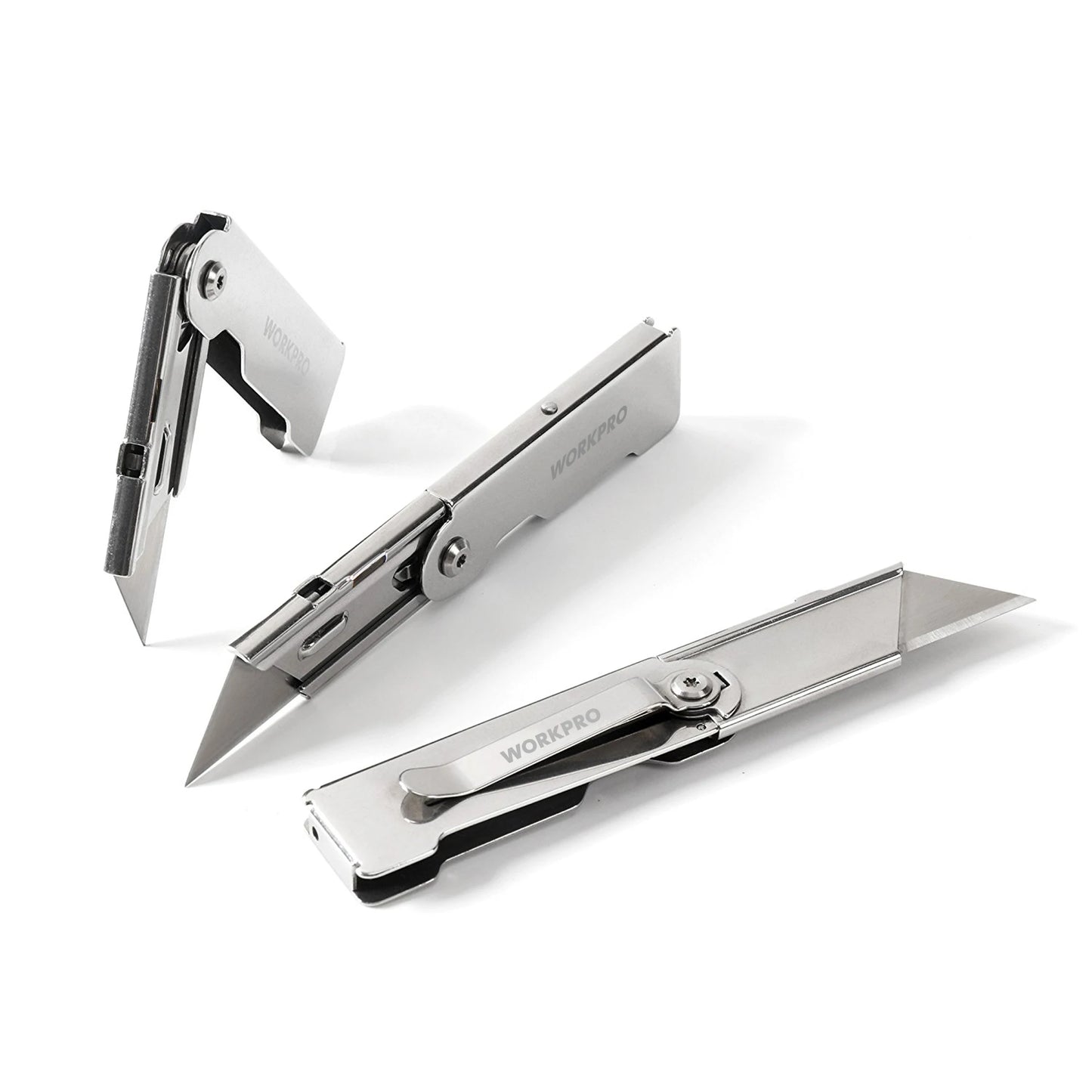 WORKPRO 3pcs Folding Utility Knife Stainless Steel Quick Realse Pocket Knife with Belt Clip Sharp Blade General-Purpose Cutting