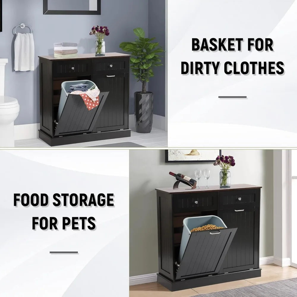 Tilt Out Trash Can Cabinet Dog Proof with Double Wood Hidden Trash Can Holder, Kitchen Free Standing Recycling Cabinet(Black)
