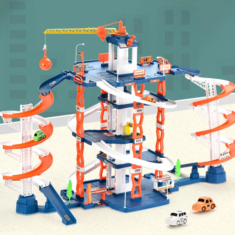 Children's Rail City Parking Building Double Slide Car DIY Construction Track Parking Lot Puzzle Splicing Kids Toys Boys Game