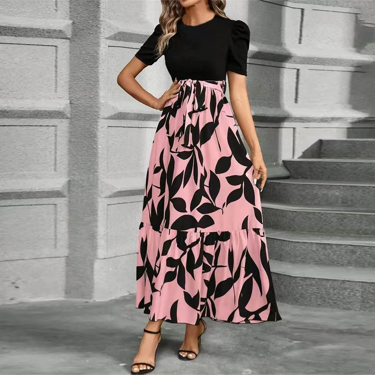 Round Neck Color Blocked Dress Women's Short Sleeved Floral Print A Line Dresses Autumn Elegant Party Dress Robe