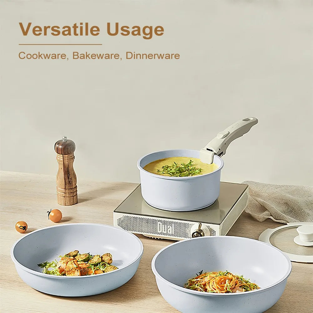 17-Pieces Ceramic Cookware Set,Non Stick Pots and Pans Cooking Set with Detachable Handle and Glass Lid, Dishwasher & Oven Safe