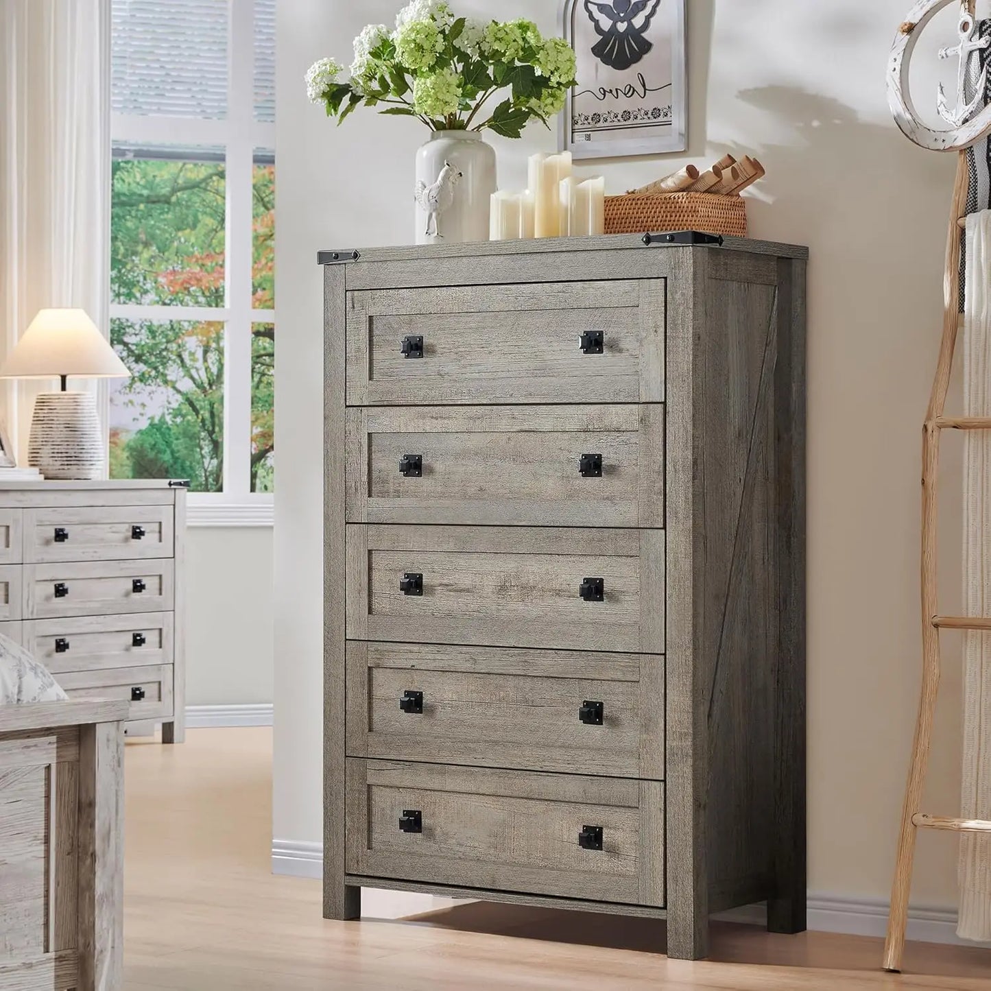 Farmhouse 5 Drawers Dresser Chests for Bedroom, Wood Rustic Tall Chset of Drawers,Dressers Organizer for Bedroom