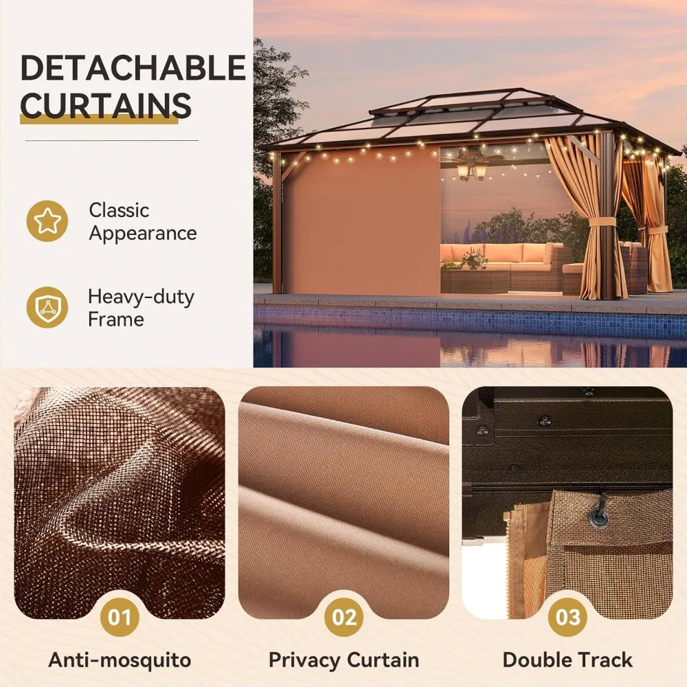 12'x16' Hardtop Gazebo, Aluminum Frame Permanent Pavilion with Netting and Curtains, Outdoor Polycarbonate Double Roof