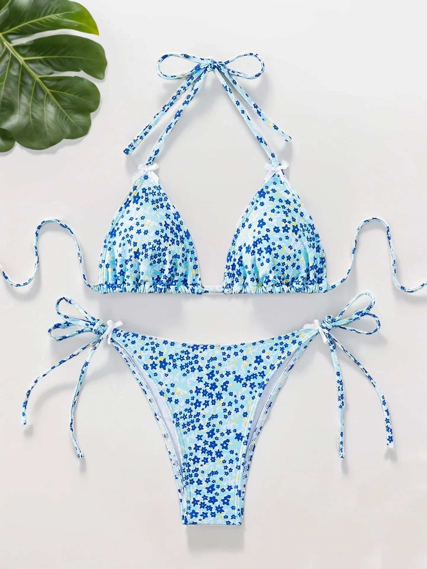2025 New Summer Swimwear Bikini Set Sexy Print Backless Bikini 2 Piece Set Women Laced Up Split Swimsuit High Waist Beach Bikini