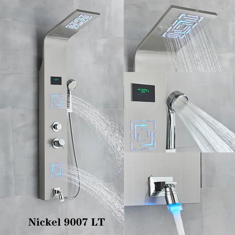 ALENARTWATER Bathroom Shower Panel LED Waterfall Shower Water Top Spray Temperature Display Faucet Back Massage with Water Tap