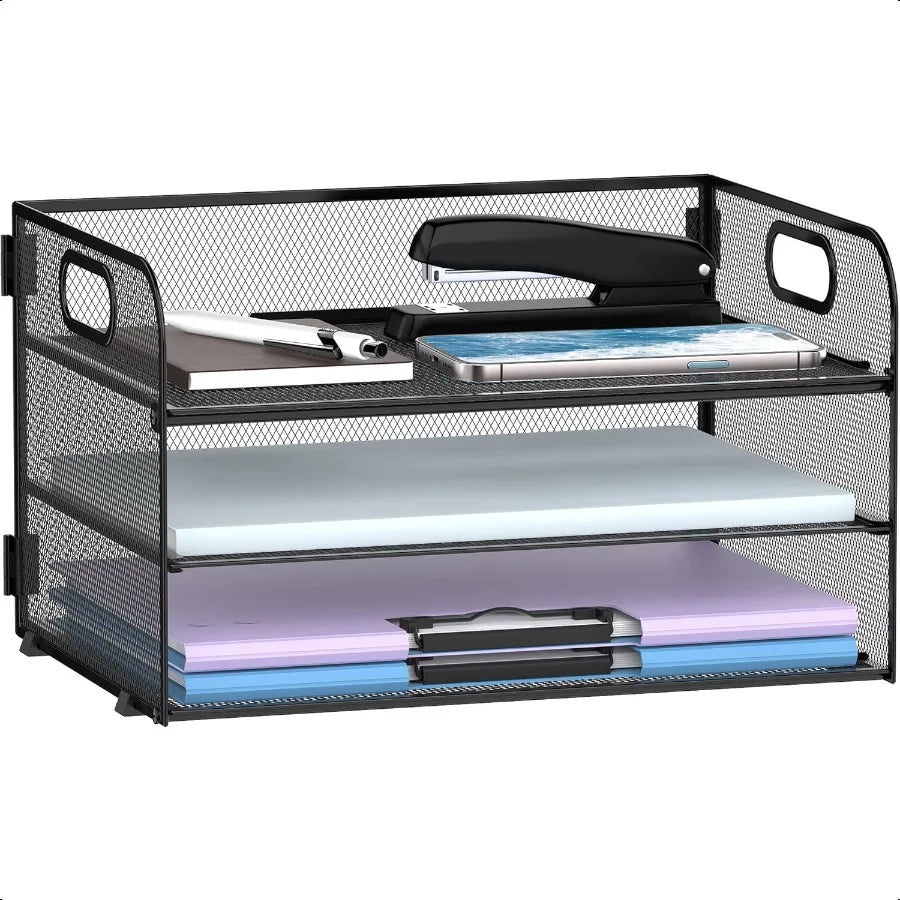 3 Tier Paper Organizer With Handle Mesh Desk Letter Tray File Organizer for A4 Folder Black